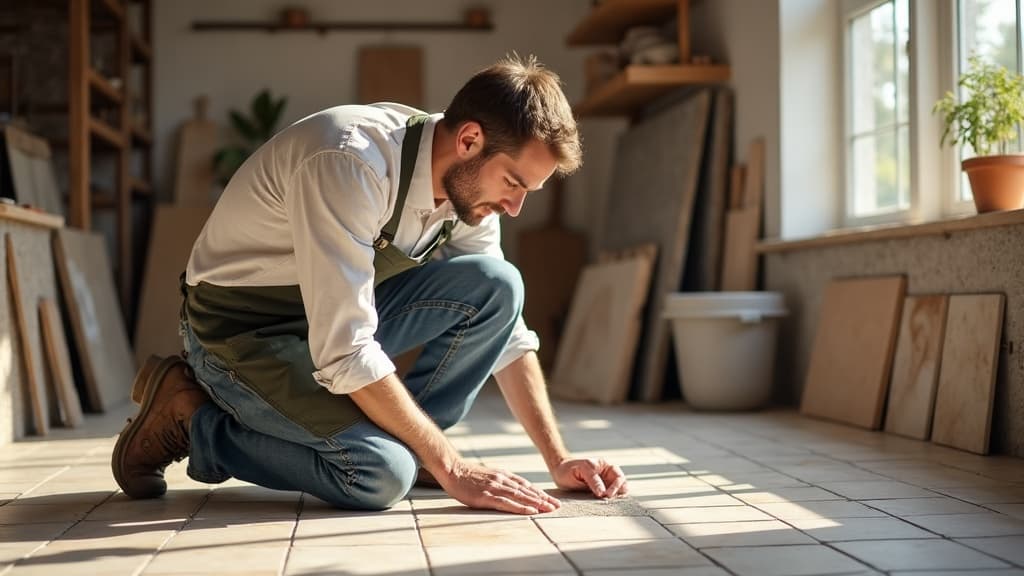 A StoneSet Tile Studio craftsman inspecting a freshly laid mosaic floor